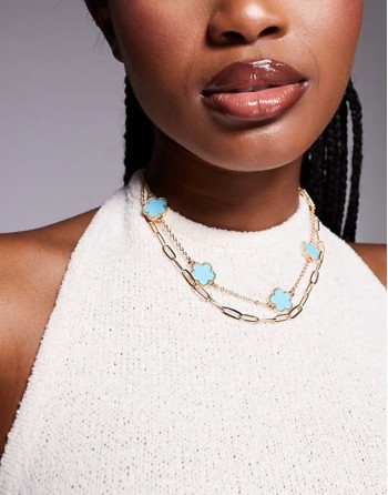 feelin blue multirow choker necklace with clover charms in turquoise and gold
