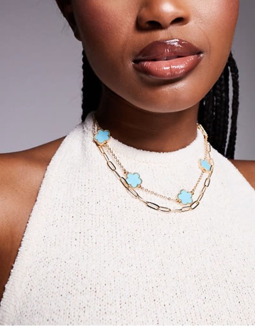 feelin blue multirow choker necklace with clover charms in turquoise and gold
