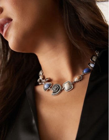Limited Edition T-bar necklace with semi precious and charm detail in silver tone