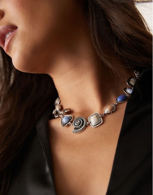 Limited Edition T-bar necklace with semi precious and charm detail in silver tone