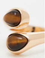 ring with wraparound design and real semi precious tigers eye in gold tone