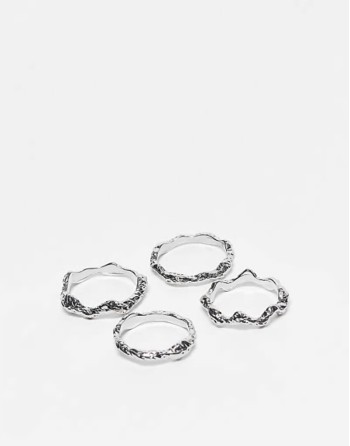 Curve pack of 4 stacking rings in hammered design in silver tone