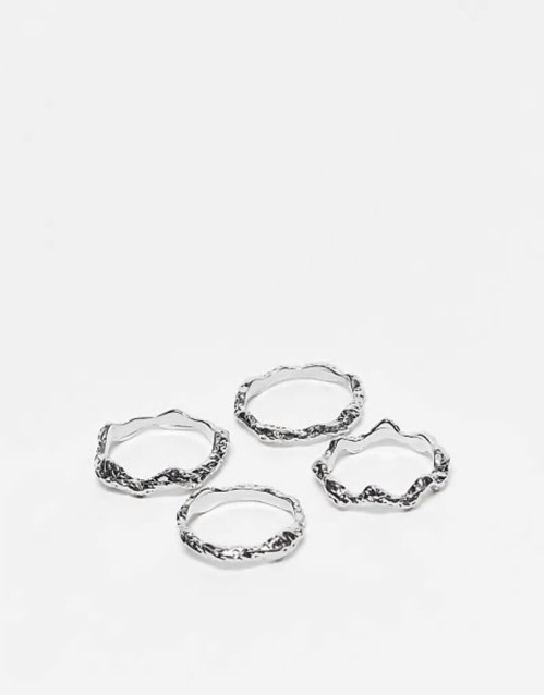 Curve pack of 4 stacking rings in hammered design in silver tone