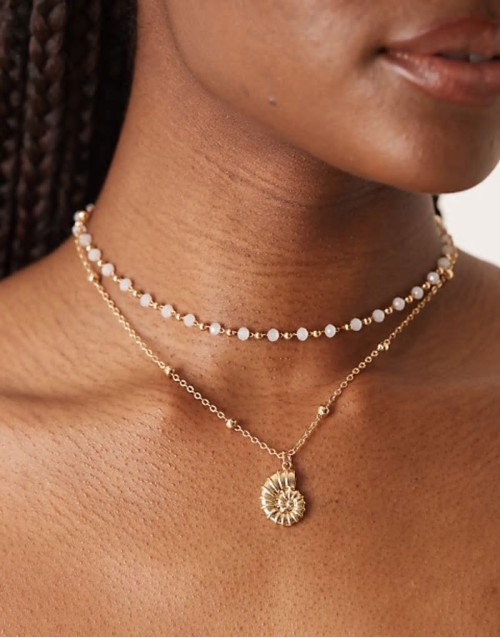 multirow bead and chain necklace with shell pendant in gold