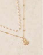 multirow bead and chain necklace with shell pendant in gold