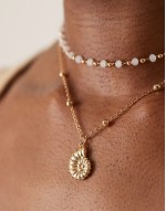 multirow bead and chain necklace with shell pendant in gold