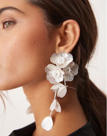 drop earrings with 3D floral design in pearl white tone