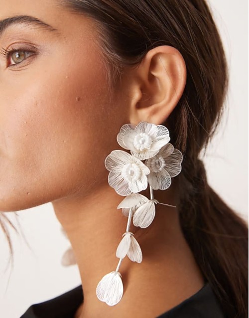 drop earrings with 3D floral design in pearl white tone