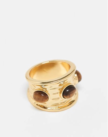 14k gold plated ring with real tigers eye semi precious stone design