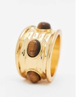 14k gold plated ring with real tigers eye semi precious stone design