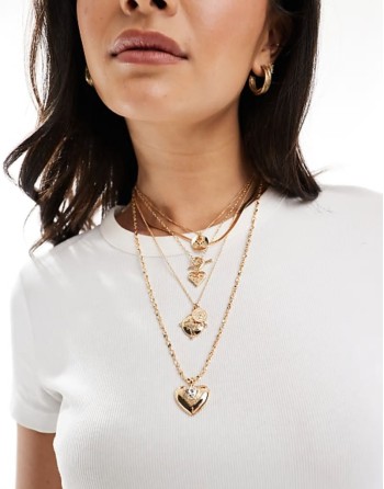 pack of 2 multirow necklace with vintage look pendants in gold tone