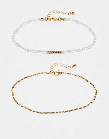 Curve 14k gold plated pack of 2 anklets with faux pearl  and fine chain design in gold tone