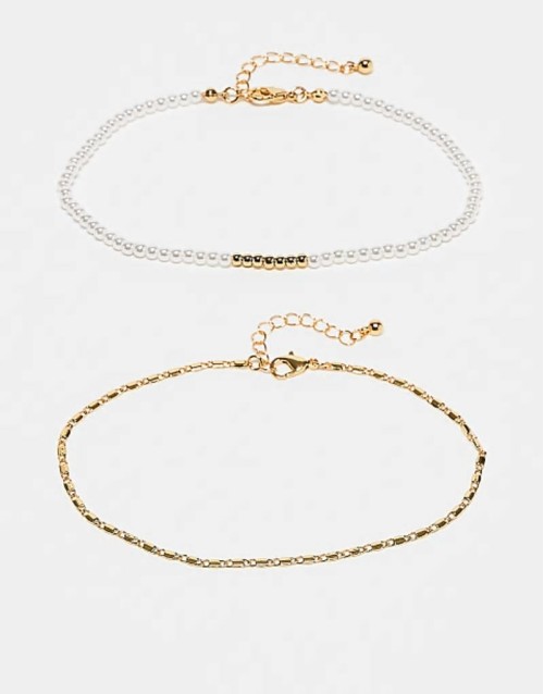 Curve 14k gold plated pack of 2 anklets with faux pearl  and fine chain design in gold tone